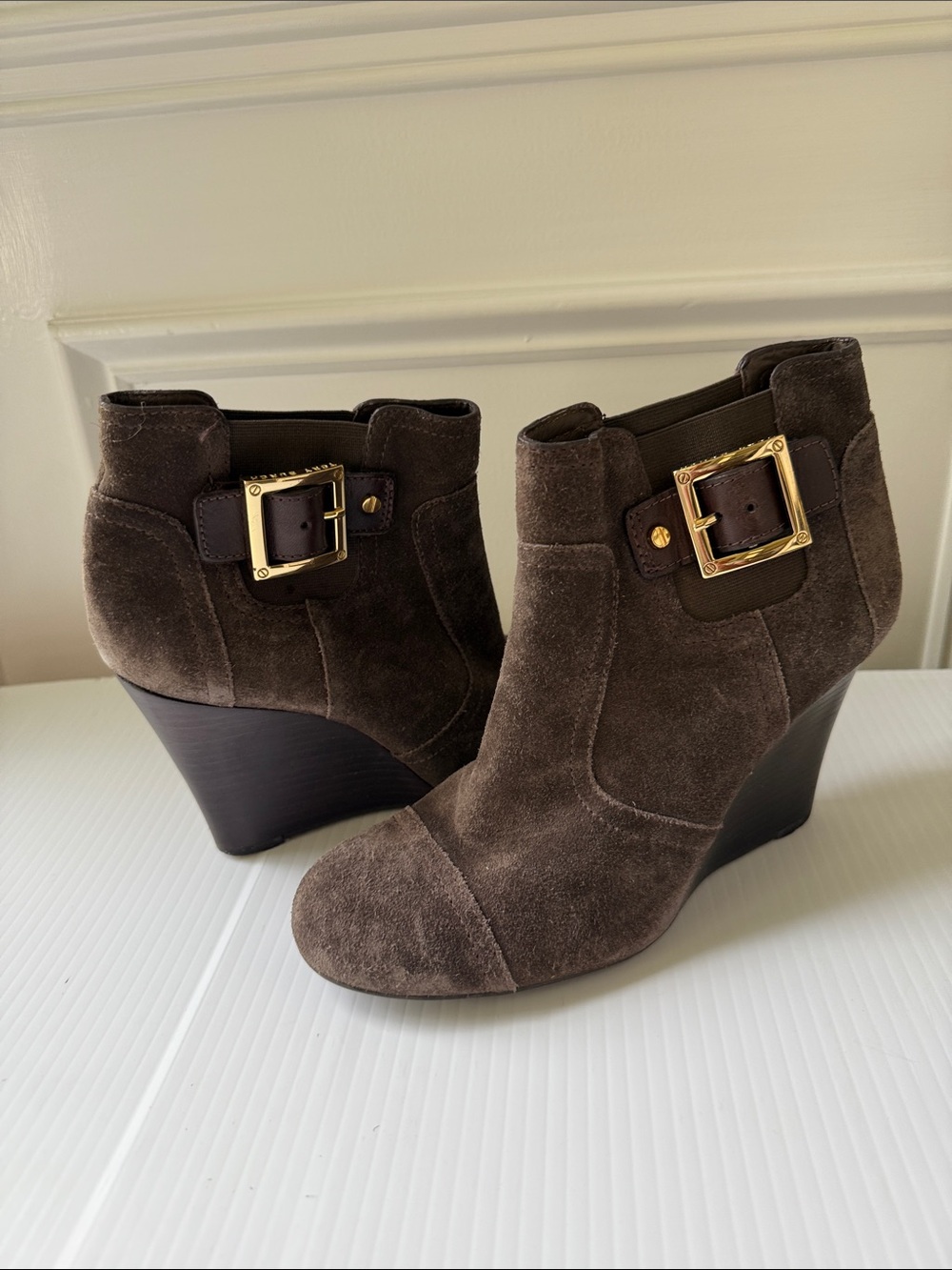 Tory Burch Brown Suede Wedge Ankle Boots with Gold Buckle